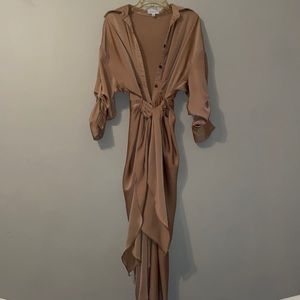 Long, beige silky dress. Long sleeve